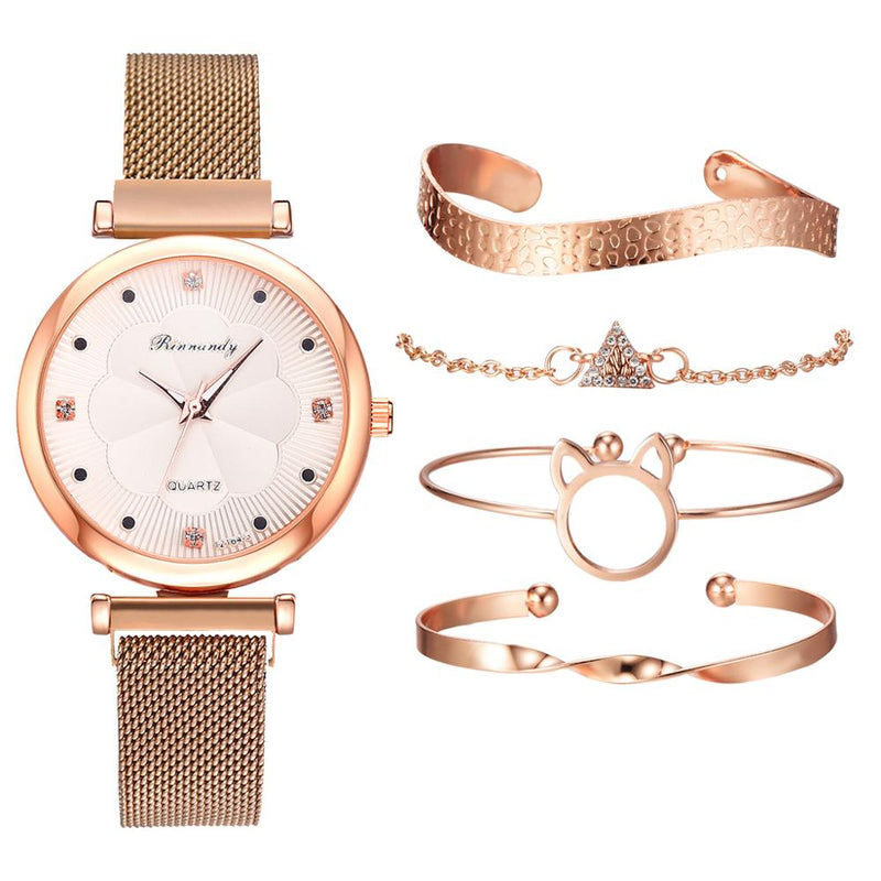 Lindo conjunto 5 pçs. contendo 1 lindo relógio feminino quartzo + 4 pulseiras